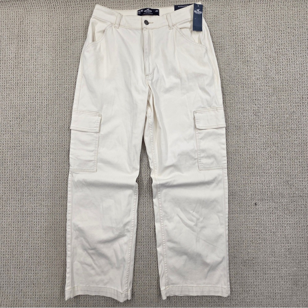 NWT Hollister Ultra High-Rise Dad Pant Cream Cargo Wide Leg W30S 30x28